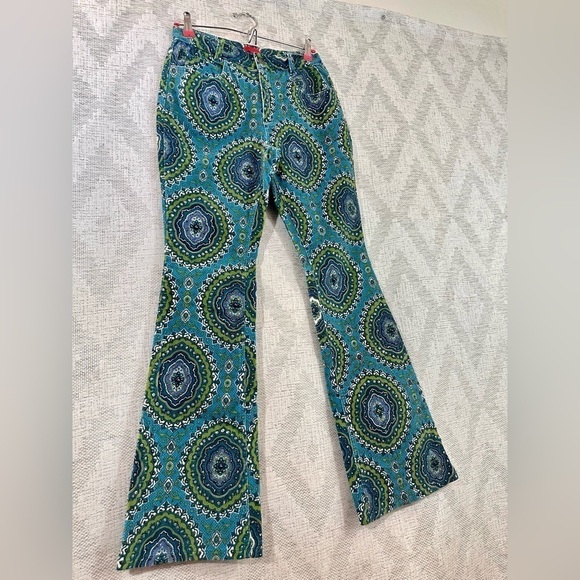 Y2K groovy Jane Doe kaleidoscope velour beaded bootcut green & teal pants - Picture 15 of 15